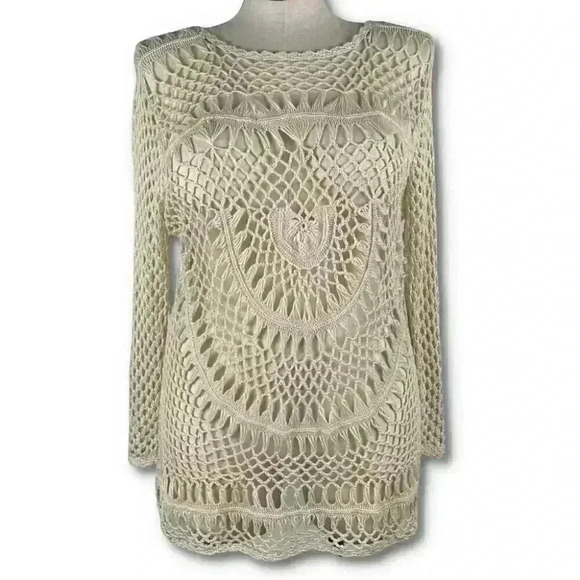 Le Moda womens sweater size XL cream crocheted grannycore resort wear coverup - Picture 10 of 10